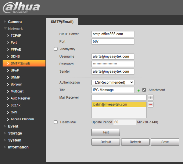 Ip cameras email smtp with office 365 dahua and more 