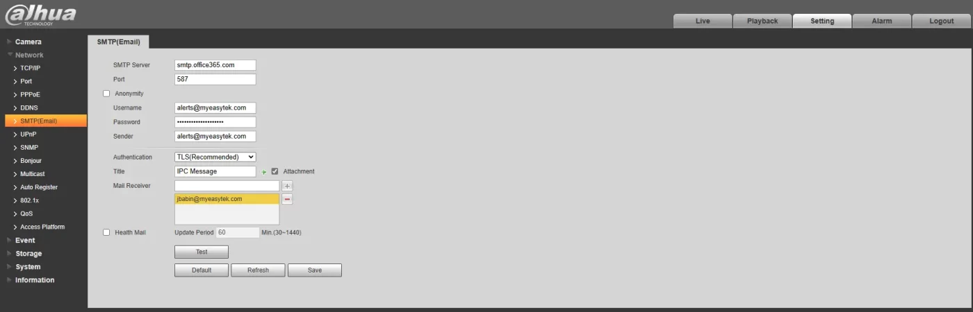 IP Cameras: Email (SMTP) with Office 365. Dahua and more.